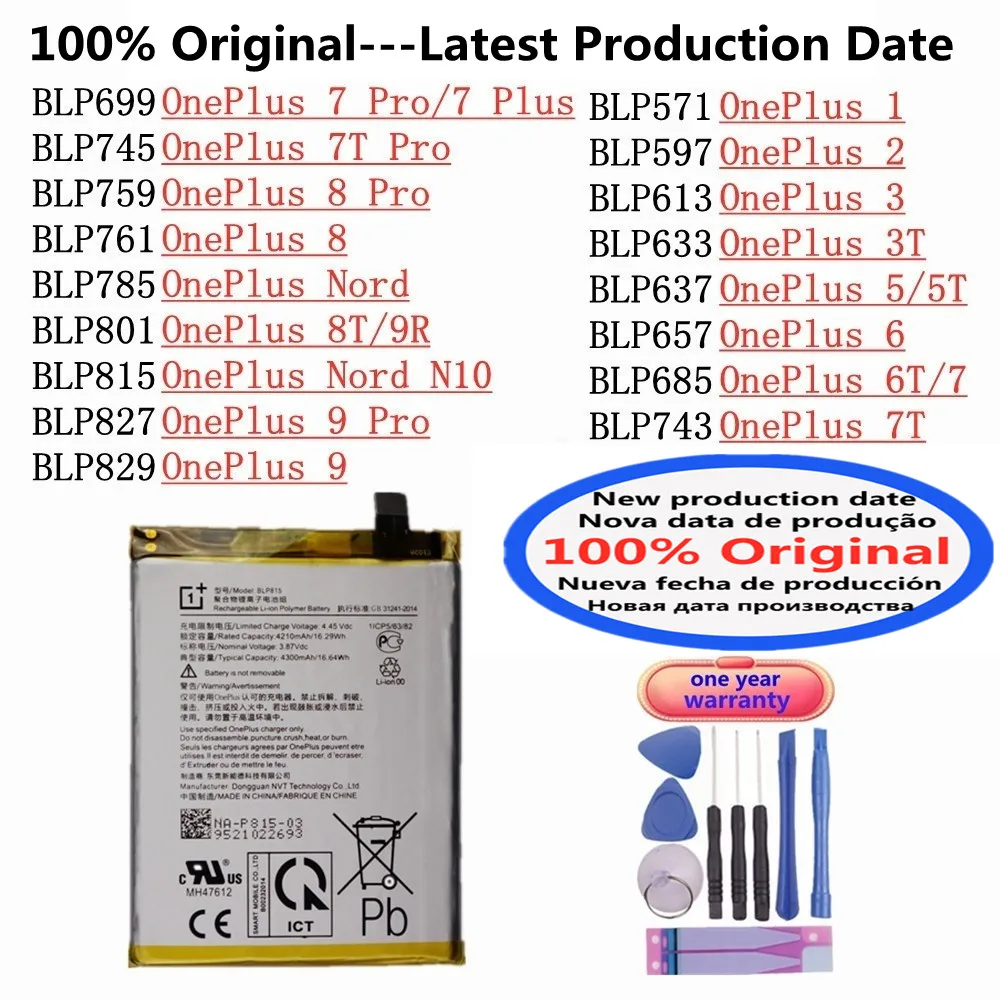 Nouvelle batterie 100% originale pour OnePlus 9 9Pro Nord N10 8 8Pro 8T 9R 7 Plus 7+ 7Plus 7T Pro 1 2 3 3T 5 5T 6 6T 7 7Pro Batteries