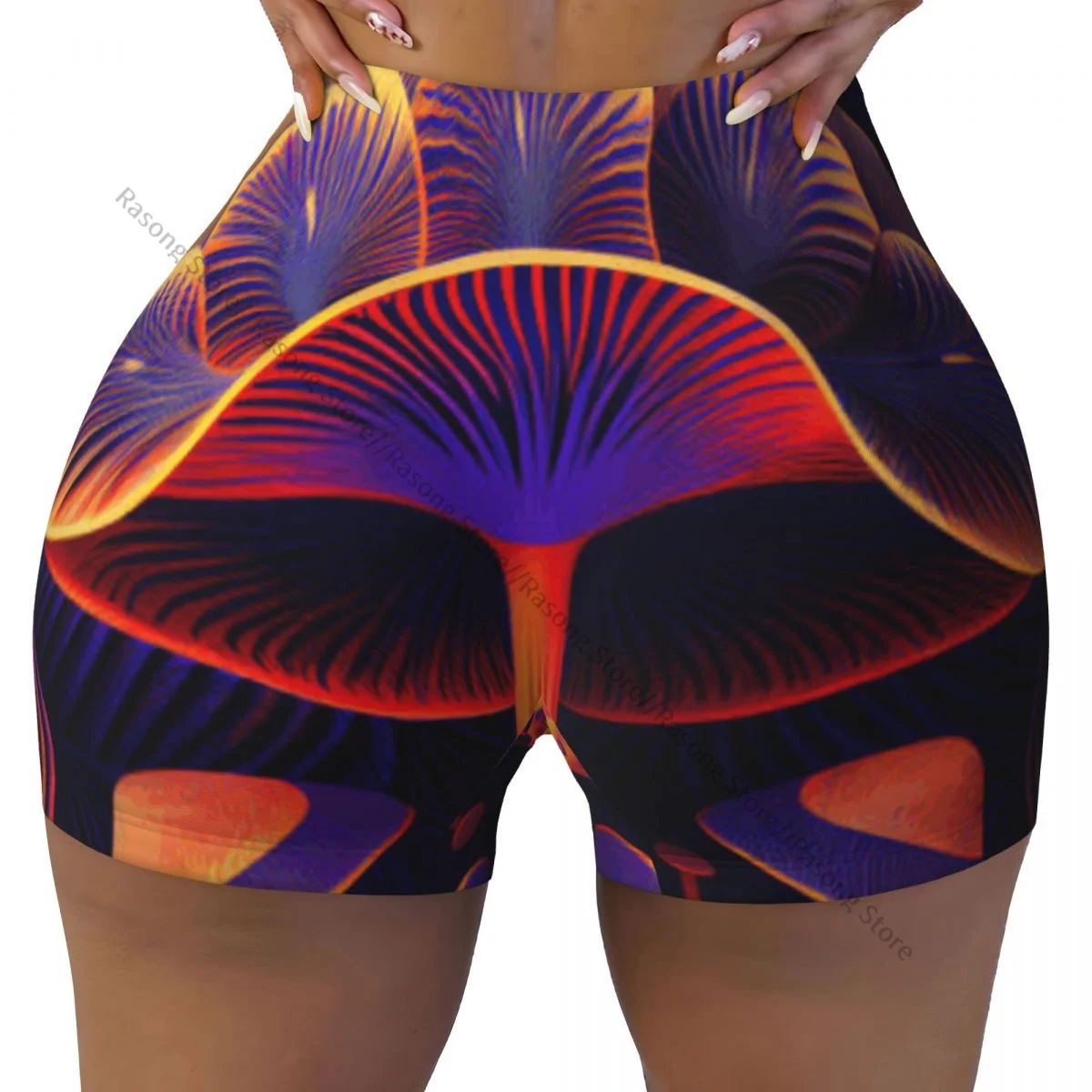 Damen-Yoga-Shorts, bunter Pilz, psychedelisch, Scrunch, Booty, Po-Lifting, Komfort, Fitness, Fitnessstudio