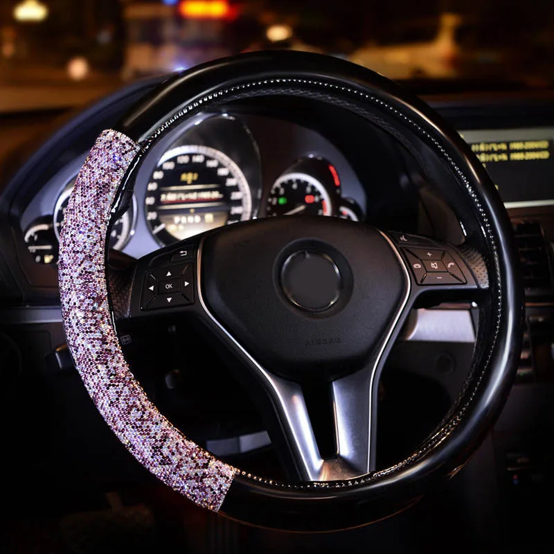 Nowy projekt diamentowy kryształ osłona na kierownicę do samochodu skórzany pokrowiec Rhinestone na kierownicę kobiety uniwersalny 38cm Car Styling