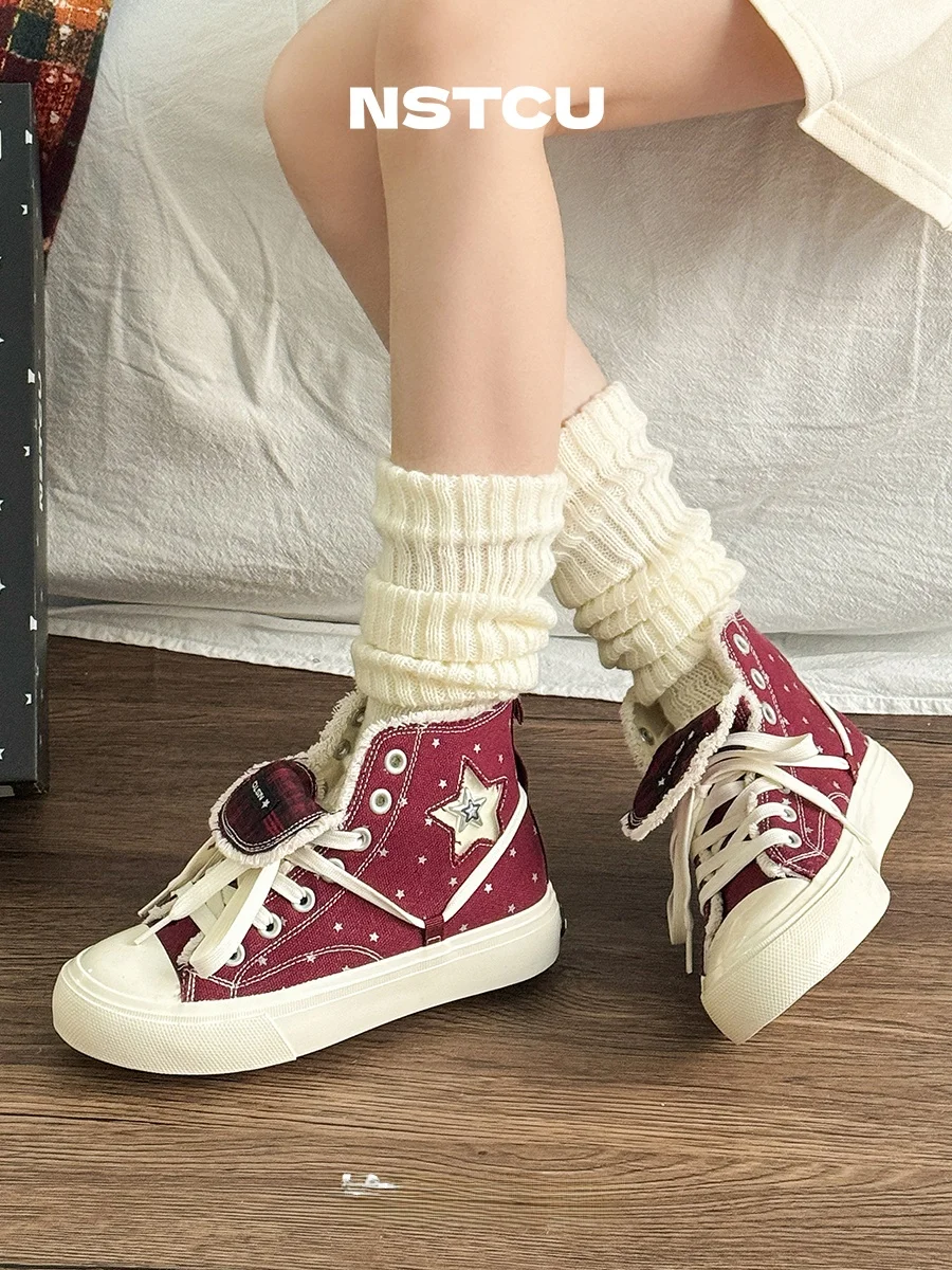 

Red High Top Canvas Shoes Women's Casual Thick Bottom Sneakers Retro Star Plaid Summer New StyleNSTCU Youth Leisure round Toe