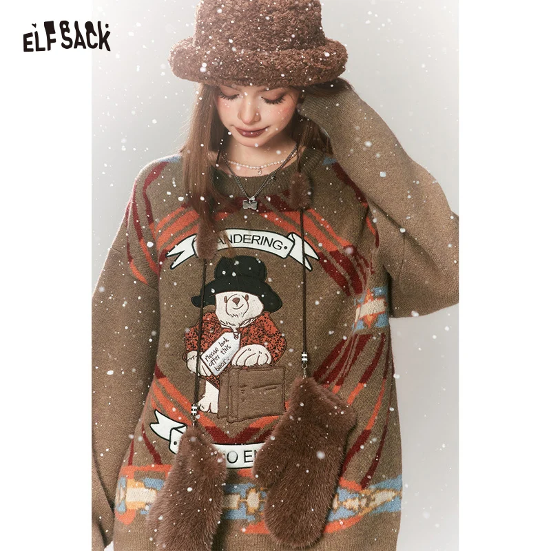 ELFSACK Kawaii Bear Pullover Sweaters Women 2023 Winter Plus Size 2000s Tops