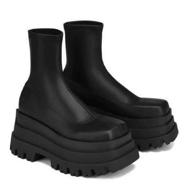 Street Style Sponge Thick Bottom Double Platform Patent Leather Elastic Short Boots Round Toe Plus One Foot Casual Trendy Boots