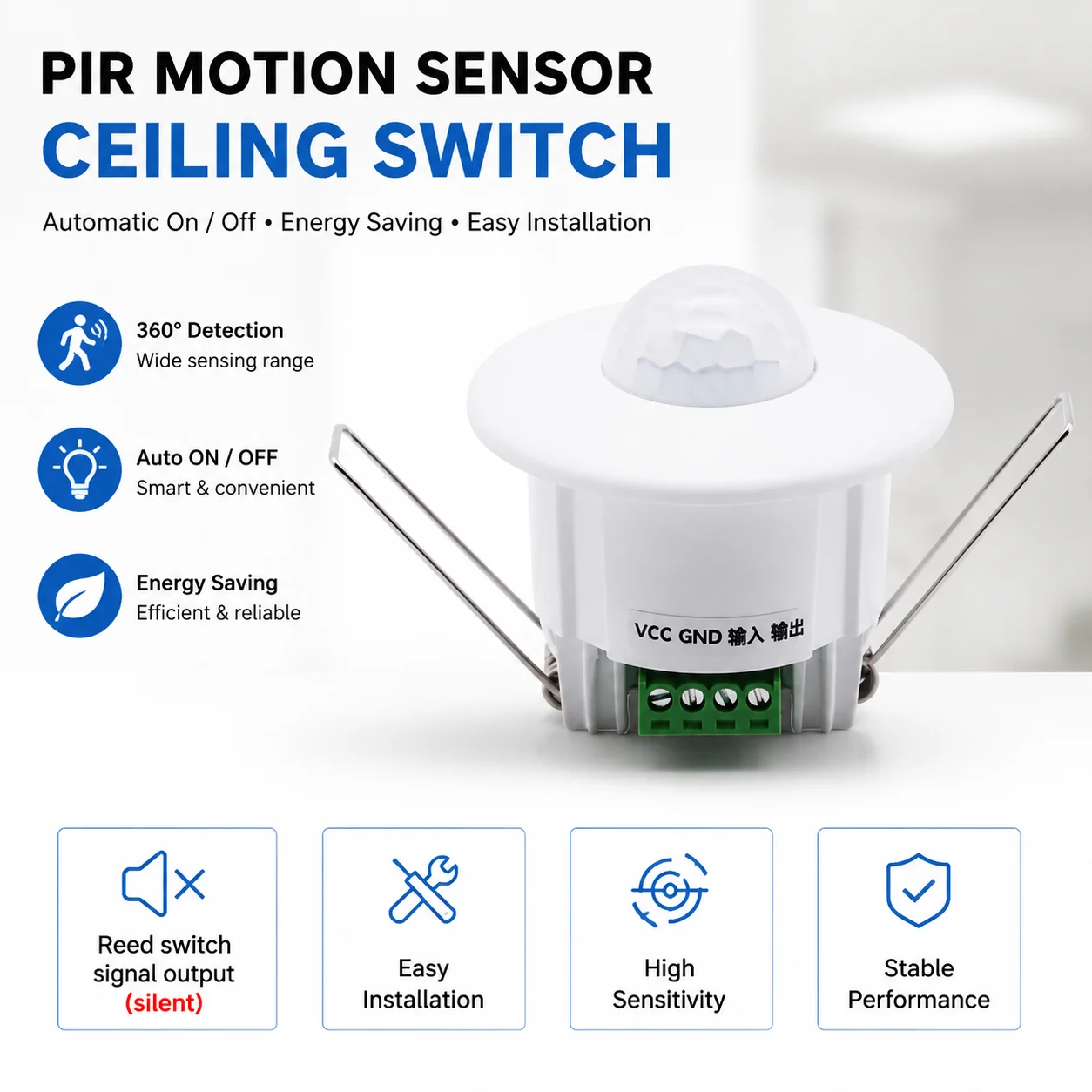 12V-24V Mini Embedded Ceiling Infrared Human Motion Sensor Switch with New Reed Signal Silent Dry Contact for Lighting Control