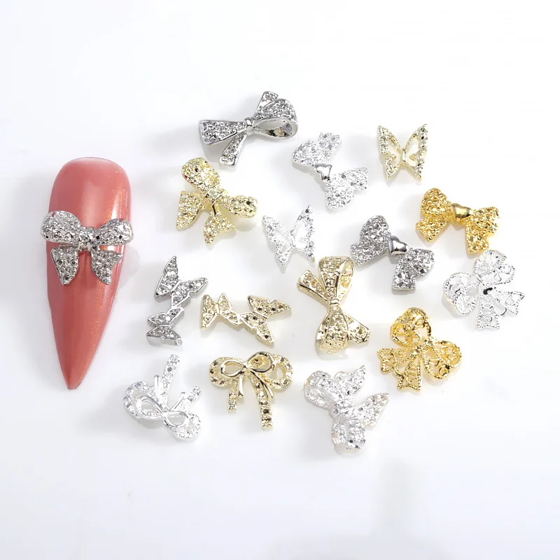 10 Pcs/Lot Net Celebrity Japanese Net Celebrity Popular Nail Art Diamond Bow Three-dimensional Metal Gold and Silver Super Flash