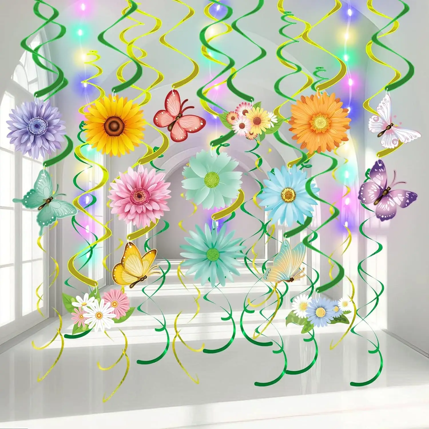 

33pcs Spring Hanging Decorations - Flower Butterfly Swirls with LED Lights for Home Party