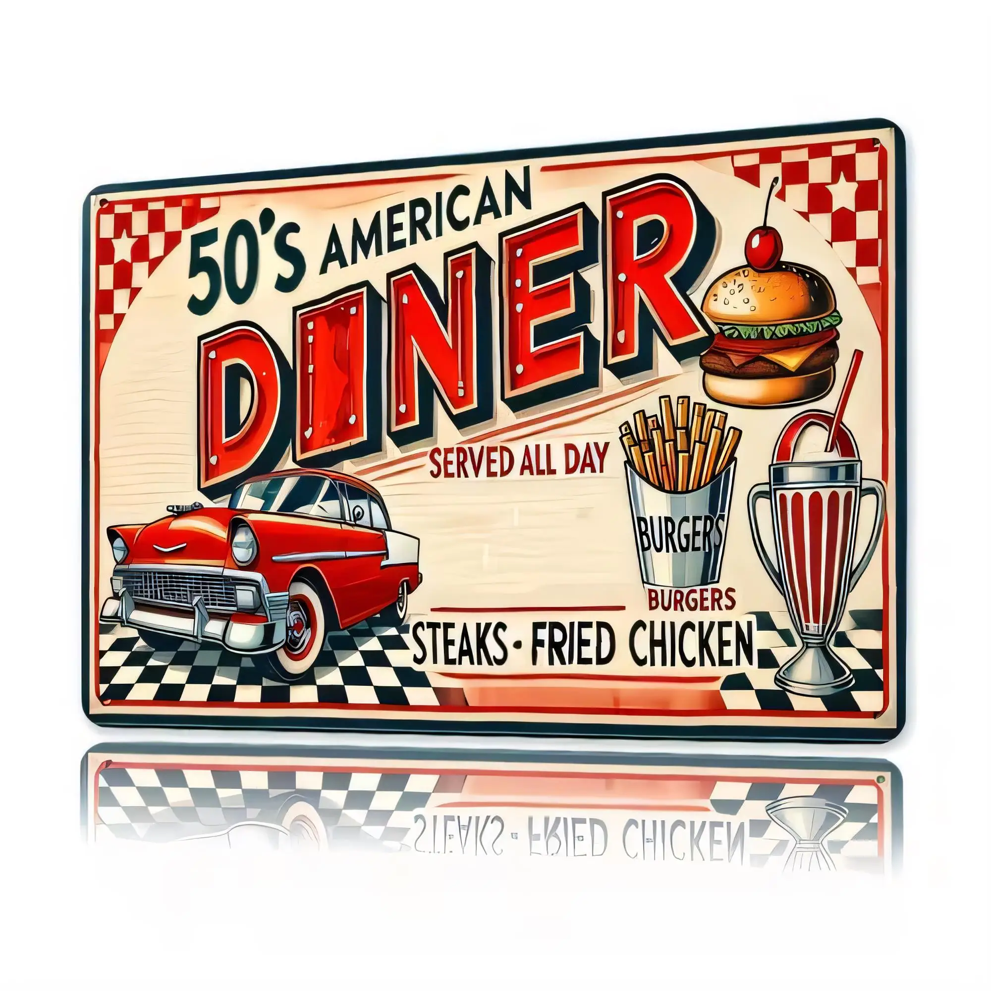 Tin Sign 50's American Diner Metal Wall Decor Served All Day Burger Steaks Fried Chicken Retro Vintage Plaque for Kitchen Bar Ga