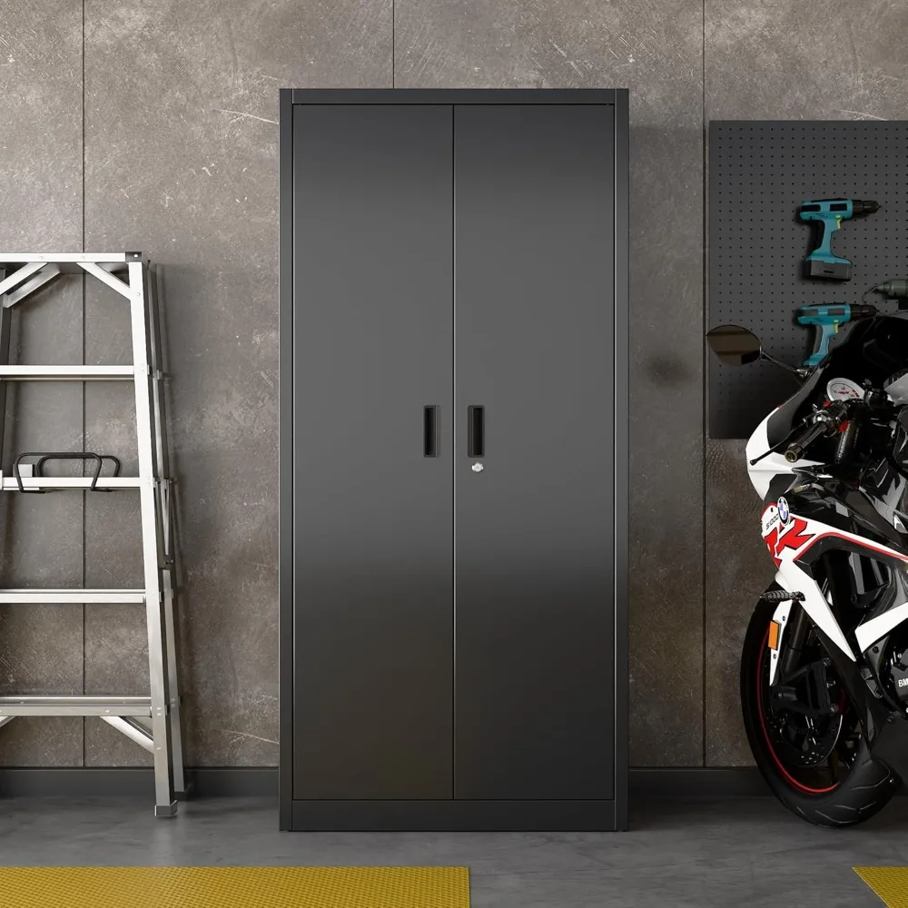 خزانة جراج معدنية مقاس 71 بوصة مع ألواح وخطافات، وخزانة تخزين الأدوات مع بابين و5 أرفف قابلة للتعديل للمكتب والمنزل،