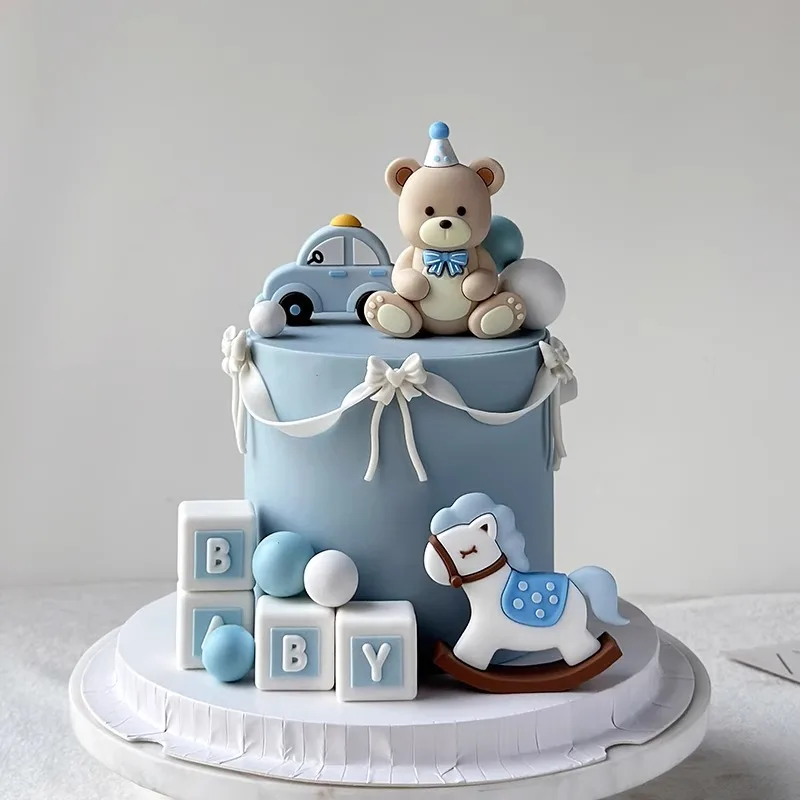 Blue & Pink Bear Cake Toppers BABY Blocks Building Blocks Car Trojan Horse for Boy Girl Baby Shower Birthday Party Decoration