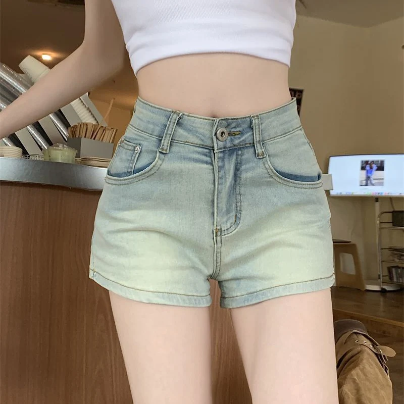 Light Blue High Waist Denim Shorts Women 2026 Korean Summer Pocket Slim Fit Hot Pants Woman Vintage Y2K Straight Shorts Female