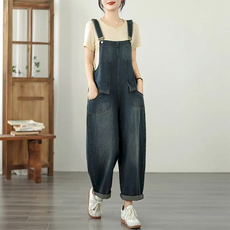 

Джинсовые комбинезоны для женщин с карманами, в корейском стиле, свободные брюки, цельный наряд, женские ромперы, повседневные винтажные комбинезоны