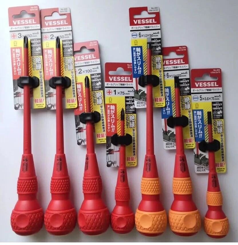 VESSEL 200 Ball Grip Insulated Screwdrivers Japan 1000v Insulating Electrician Slotted& Phillips Screwdriver Series