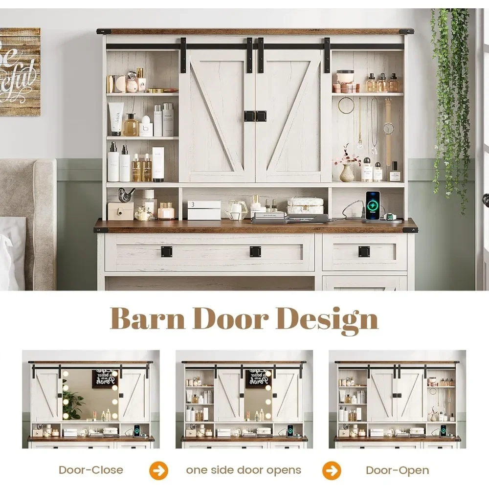Makeup Vanity with Lights & Barn Doors, Vanity Desk with Mirror and Lights & Charging Station, Farmhouse Vanity Table image 2