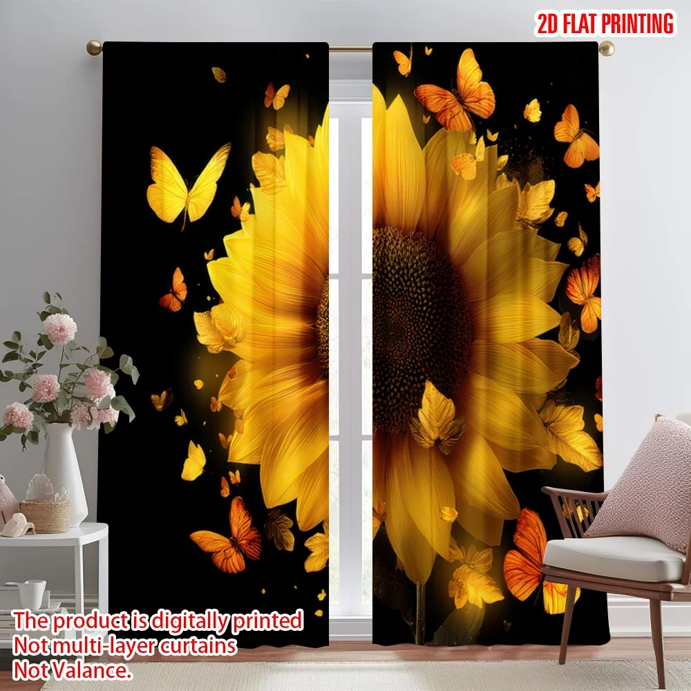 

2D flat printing 2pcs Curtains Sunflower and Butterflies(1) Digital Printed Polyester Drapes Festive Holiday Perfect for Indoor
