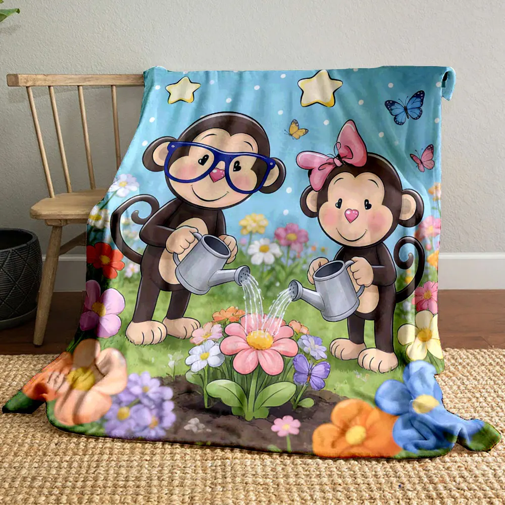Two monkey-themed cartoon Print Blanket Warm Soft Fluffy Kids and Adult Sofa Bed Throw Blanket Outdoor Travel Camping RV