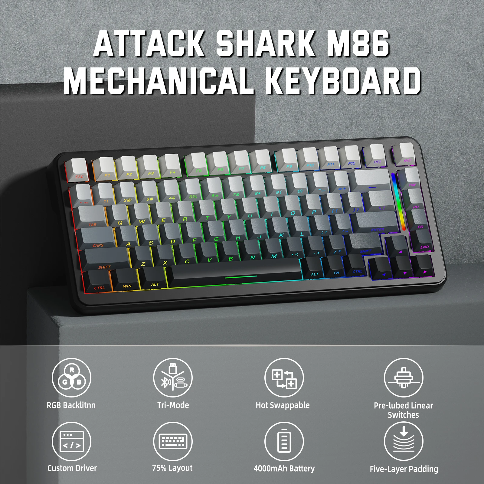 ATTACK SHARK M86 Pro Wireless Mechanical Keyboard, Tri-mode, 4000mAh, Hot-swappable Linear Switch, Side-printed Keycap, RGB