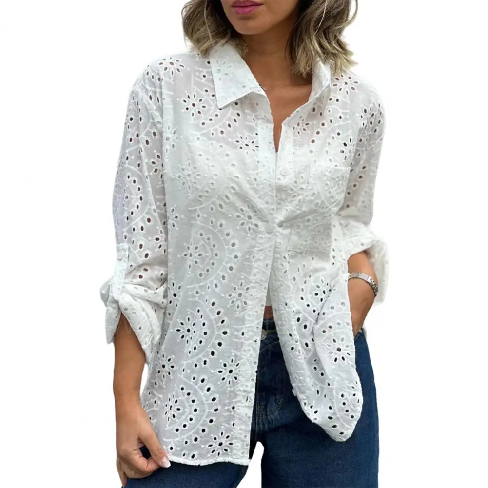 Women Long Sleeve Shirt Long Sleeve Shirt Top Embroidered Flower Lapel Shirt for Women Long Sleeve Single Breasted Top Solid