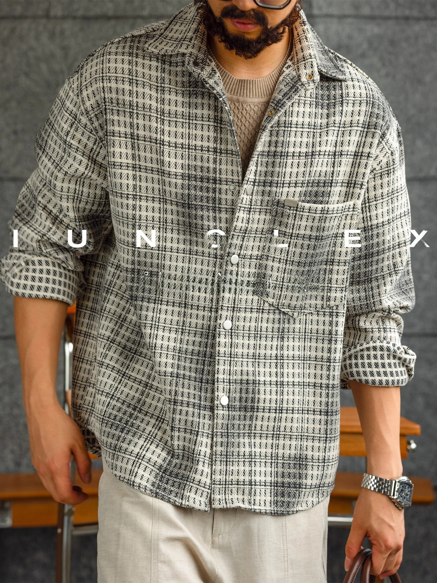 

Men's plus Size American Retro Thi Tweed Texture Long Sve irt Autumn Winter Thiened Small Fraance Sle Plaid irt