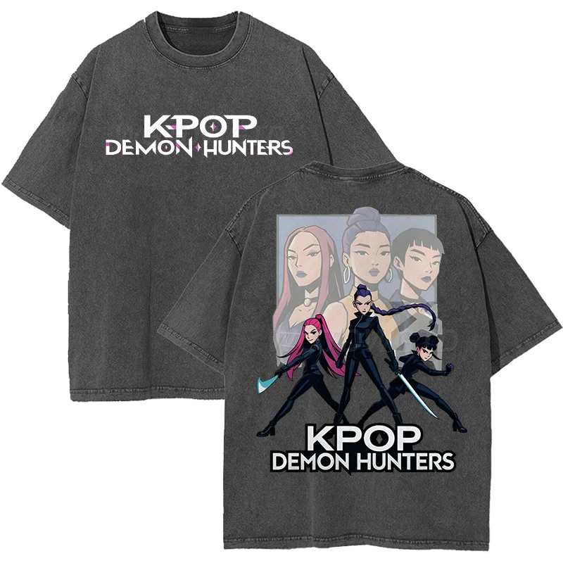 

Аниме K-Pop Demon Hunters, стираная футболка, винтажные хлопковые футболки с круглым вырезом и короткими рукавами, женские и мужские винтажные стираные футболки