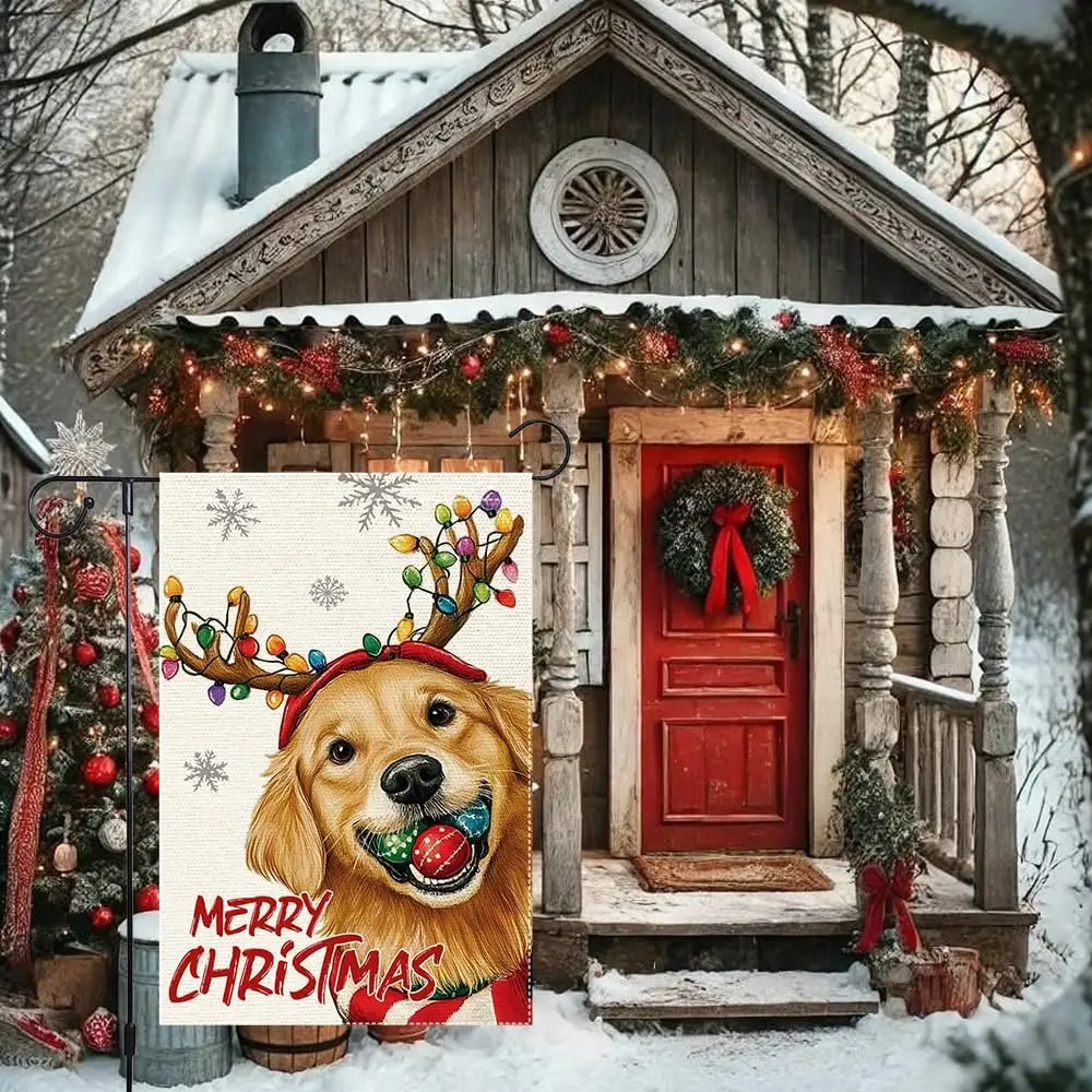 Christmas Garden Flag 12x18 Inch Double Sided Small Burlap Holiday Decor with Cute Golden Retriever Wearing Reindeer Antlers LLG