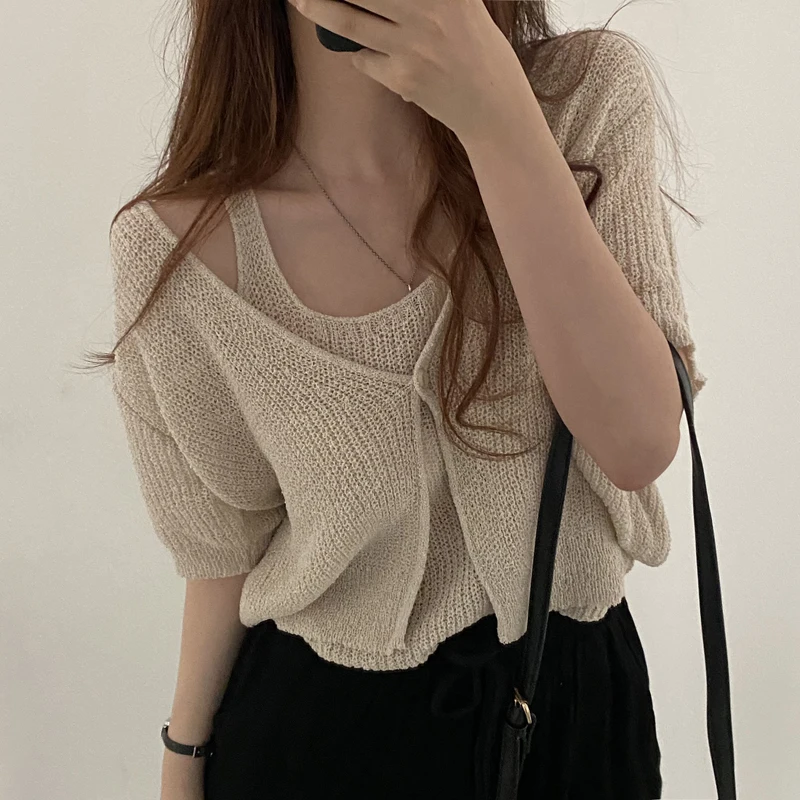 

Korean Style Chic Summer New Versatile Strap Vest Short Sleeve Knitted Two-Piece Set Women's Fashion Commute Loose Fit Thin M...