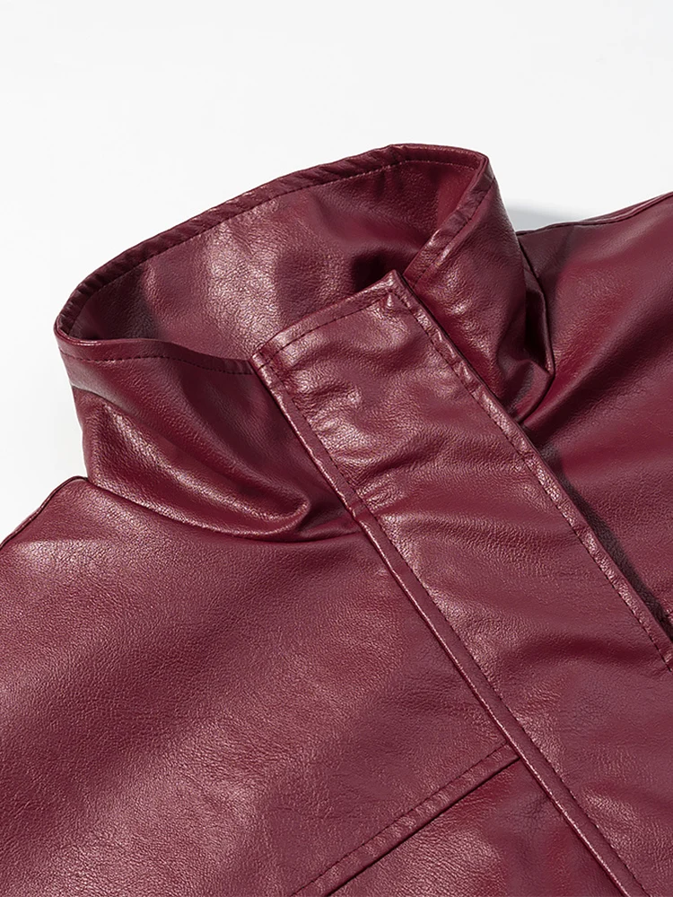 Nouvelle veste en cuir ample à col haut de couleur unie pour femmes de style européen à la mode et polyvalente avec détails de poche.