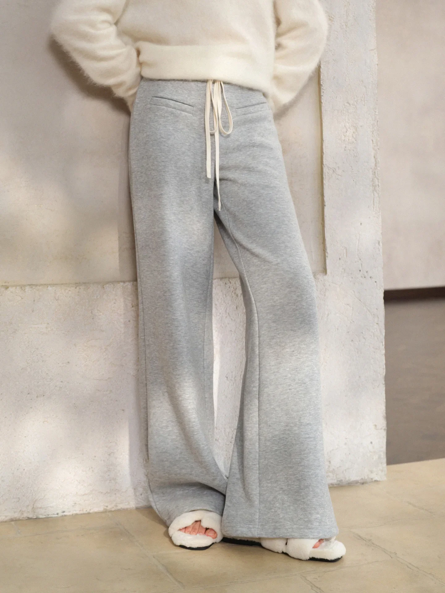 Women Lady High-Waist Loose Wide-Leg Pants Warm Spring Sweatpants Contrast Drawstring Casual Trousers Comfy Daily Fit Outfit