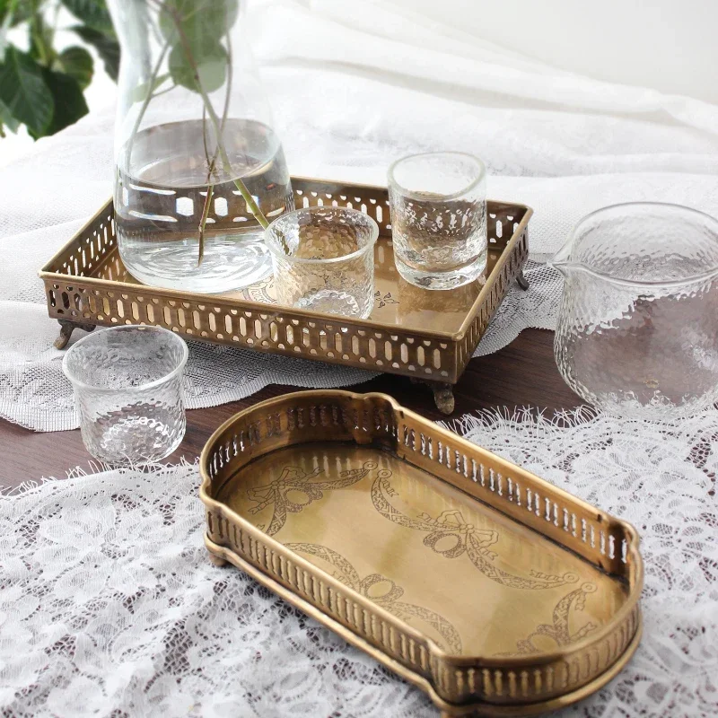 

Brass Vintage Tray Rectangular European Decorative Cup Aromatherapy Storage Platter French Light Luxury Snack Candy