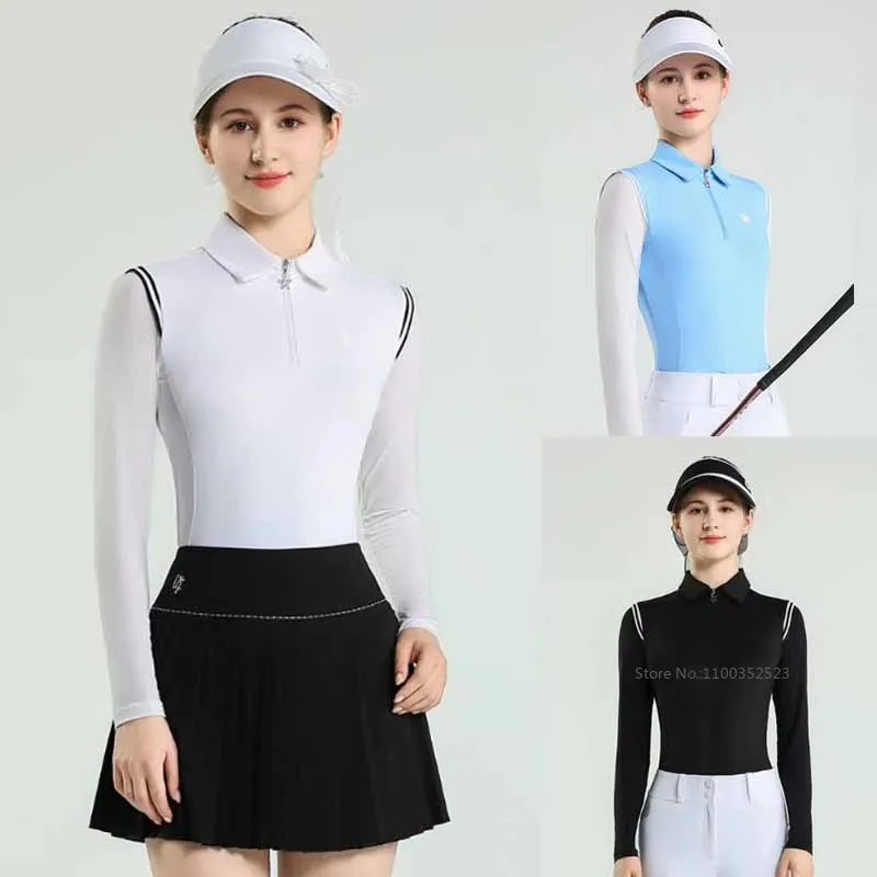 愛ゴルフアパレル女性ジッパーカラートップ夏の日焼け止め長袖-tシャツレディースコントラストカラーゴルフスポーツシャツ-s-xxl