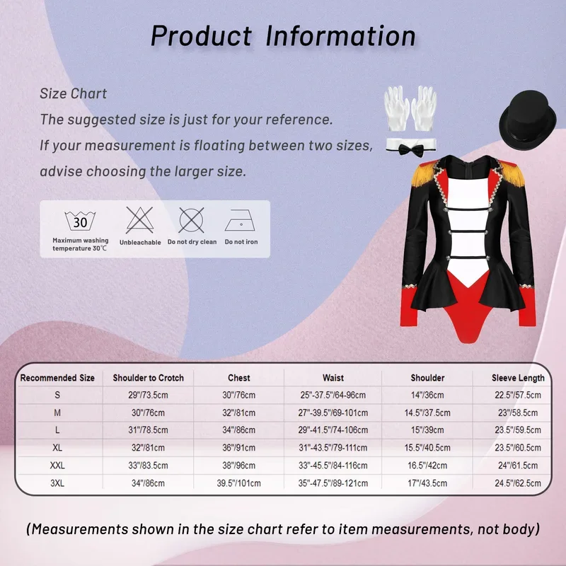 RT01 Damen Circus Ringmaster Halloween-Kostüm-Set, langärmelig, Revers, Fransen, Schulter-Body mit Hut, Schleife, Kragen, Handschuhe für & Gf1