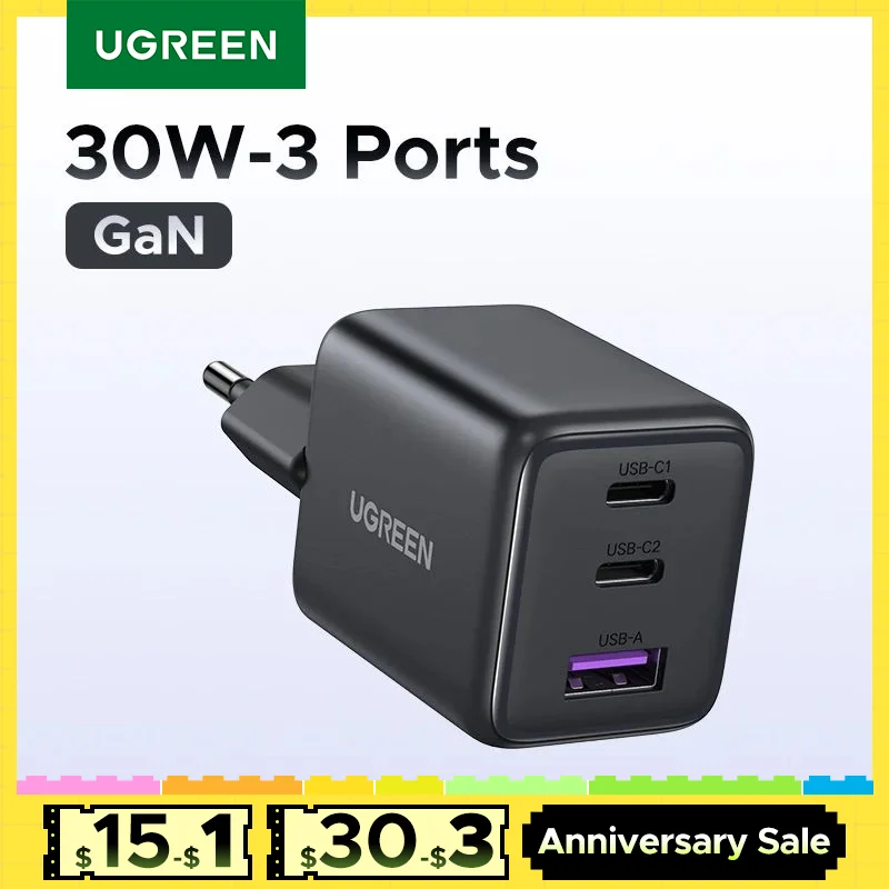 UGREEN 30W GaN Charger PD 3.0 QC4.0 USB C Charger For iPhone 16 15 14 Pro Samsung S25 Xiaomi Tablet iPad Air Pro Phone Charger