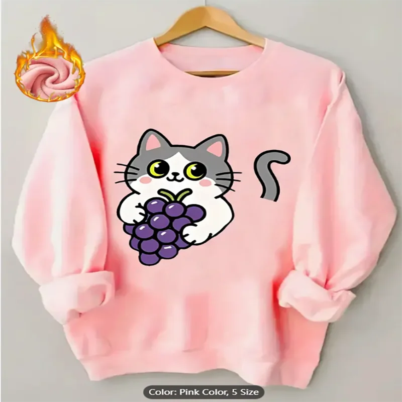 

Женский светло-серый свитшот с милым котом и графическим принтом на флисовой подкладке, повседневный пуловер большого размера для любителей кошек, чистый хлопок