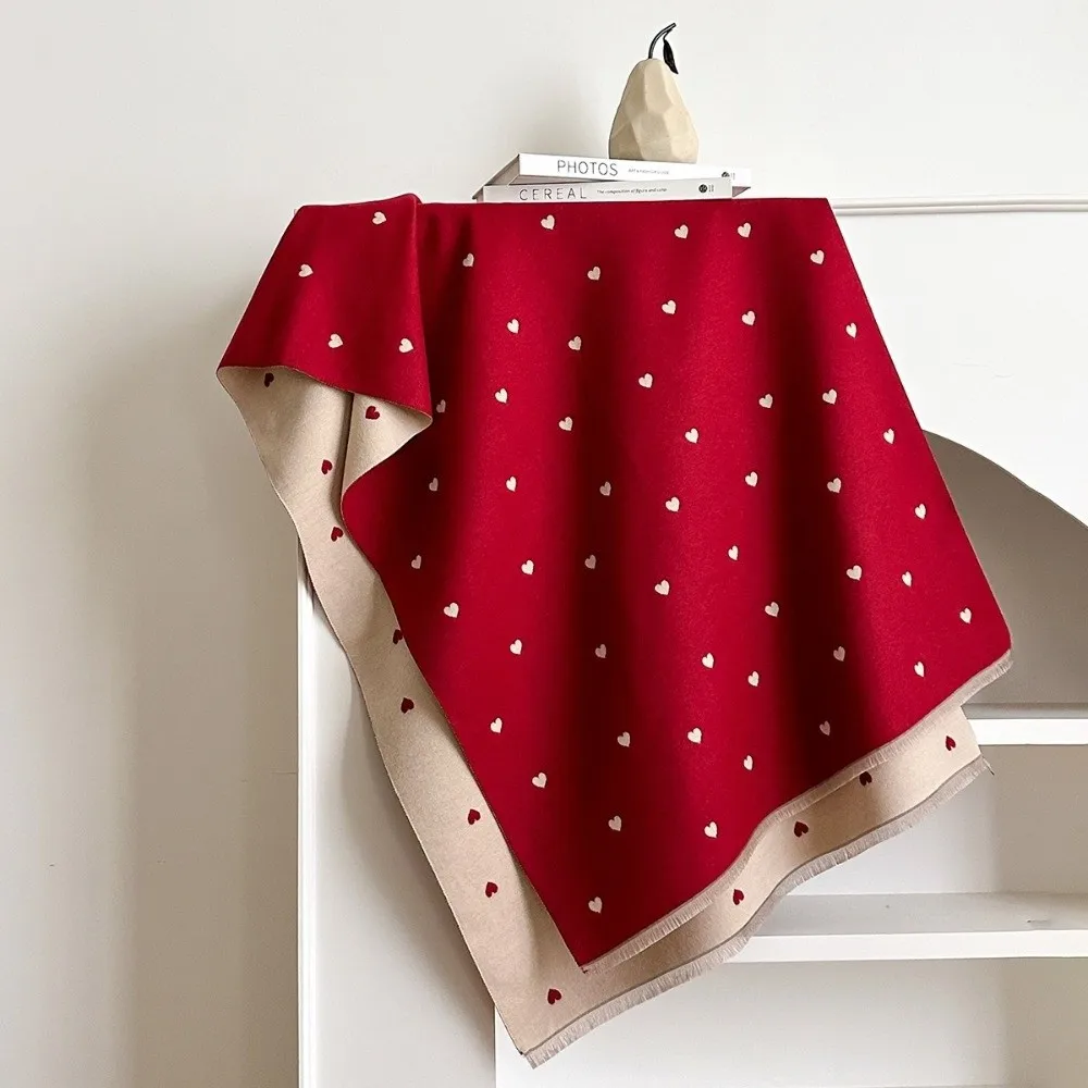 Versatile Elegant Double Sided Heart Pattern Scarf Soft Vintage Style Warm Shawl Large Imitation Cashmere Wrap Scarf Daily Wear