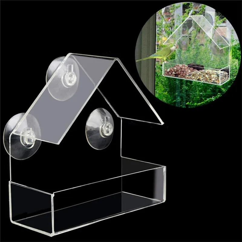 Bird Feeder Acrylic Transparent Window Viewing Bird Feeders Tray Birdhouse Pet Water Feeder Suction Cup Mount House Type Feeder