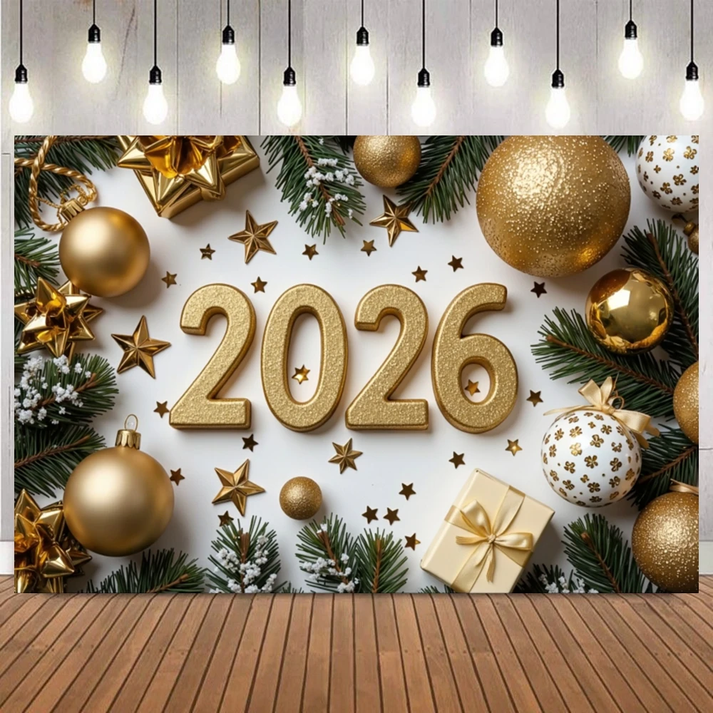 2026 السنة الجديدة صورة خلفية هدية صندوق نجمة الصنوبر فرع عيد الميلاد كرات الأسرة حفلة الاطفال صورة ديكور خلفية للتصوير الفوتوغرافي