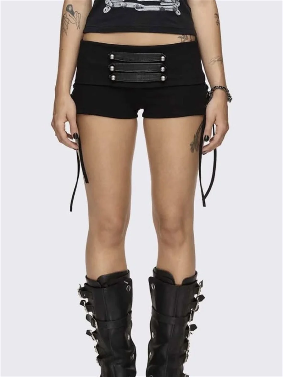 Nibber Patchwork Shirring Short Damen High Street Hottie Trend Nieten Metall Hohl Skinny Sexy Hottie Midnight Club Party Outfits – Detail 3