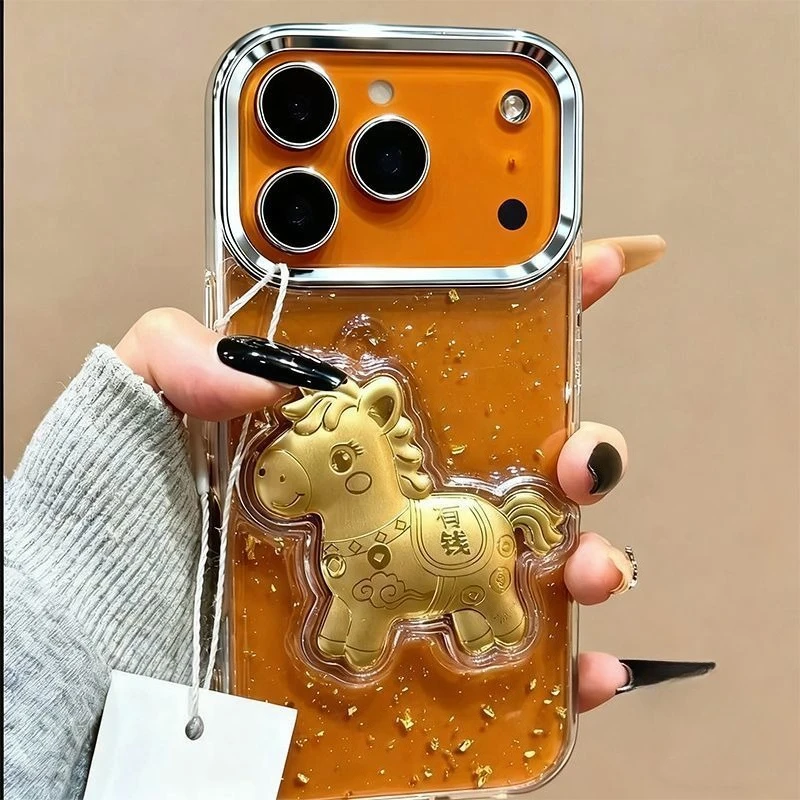 

Glitter Gold Foil Horse Case For iPhone 17 Air 16 Pro Max 15 14 Plus 13 12 11 Pro Max Case New Year Get Rich Pony Back Cover