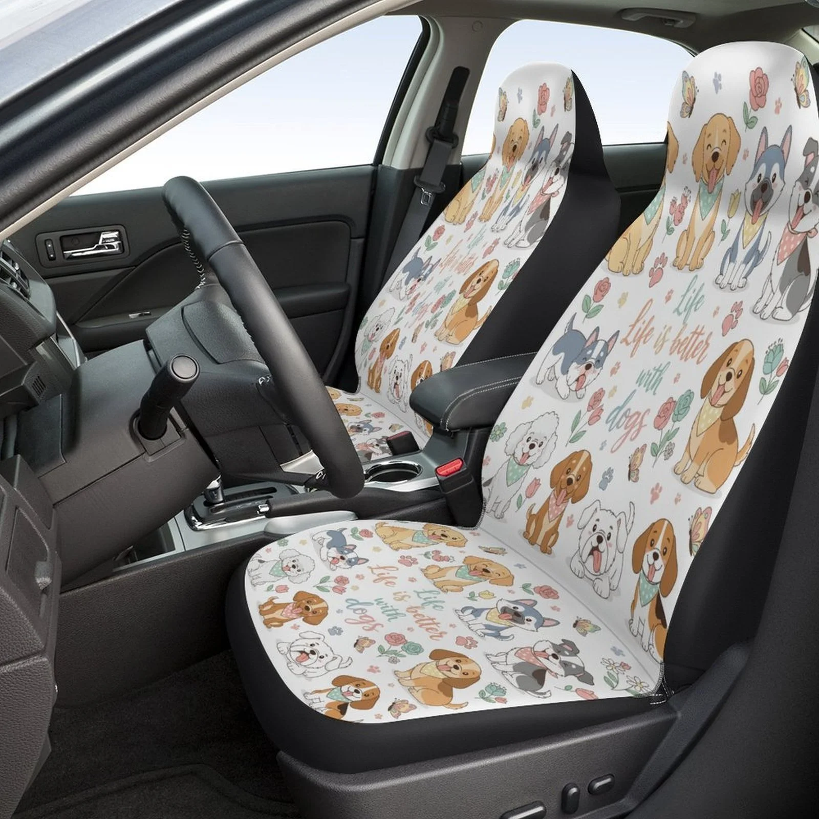 Fit For Most Cars Dog-Themed Car Seat Cover Set - Heavy-Duty Protector Cover For 2 Front & Rear Seats (Driver/Passenger, Back),