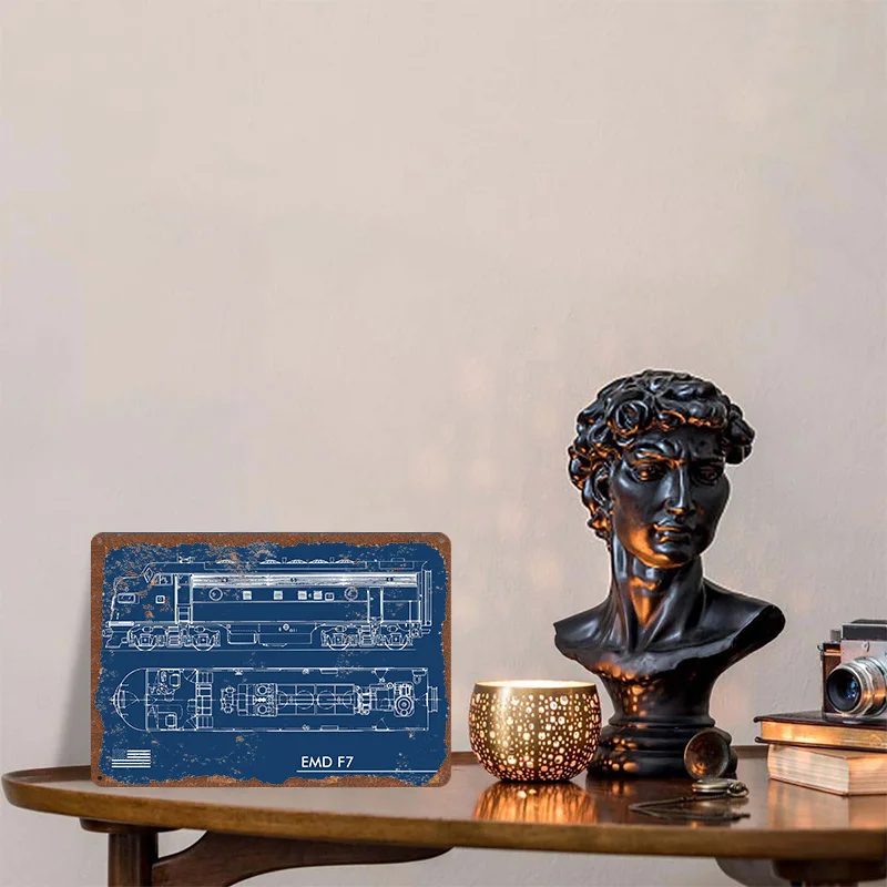 EMD F7 TRAIN USA BLUEPRINT Metal Poster Customized Wall Art Retro Vintage Tinplate Signs for Man Cave Home Decor Bar Accessories