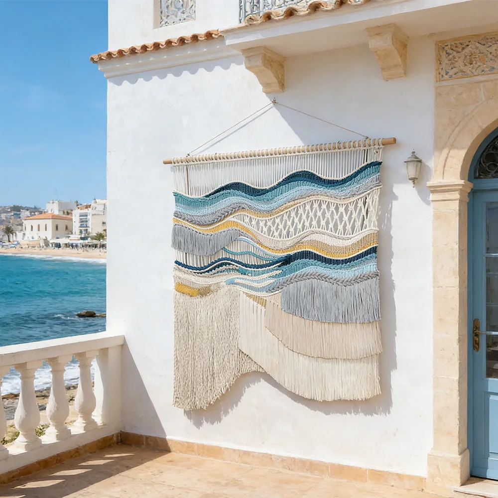 %ss OEM Luxury Coastal Macrame Decor Hand Knotted Openwork Wave Tapestry for Beach House & Seaside Interiors~*