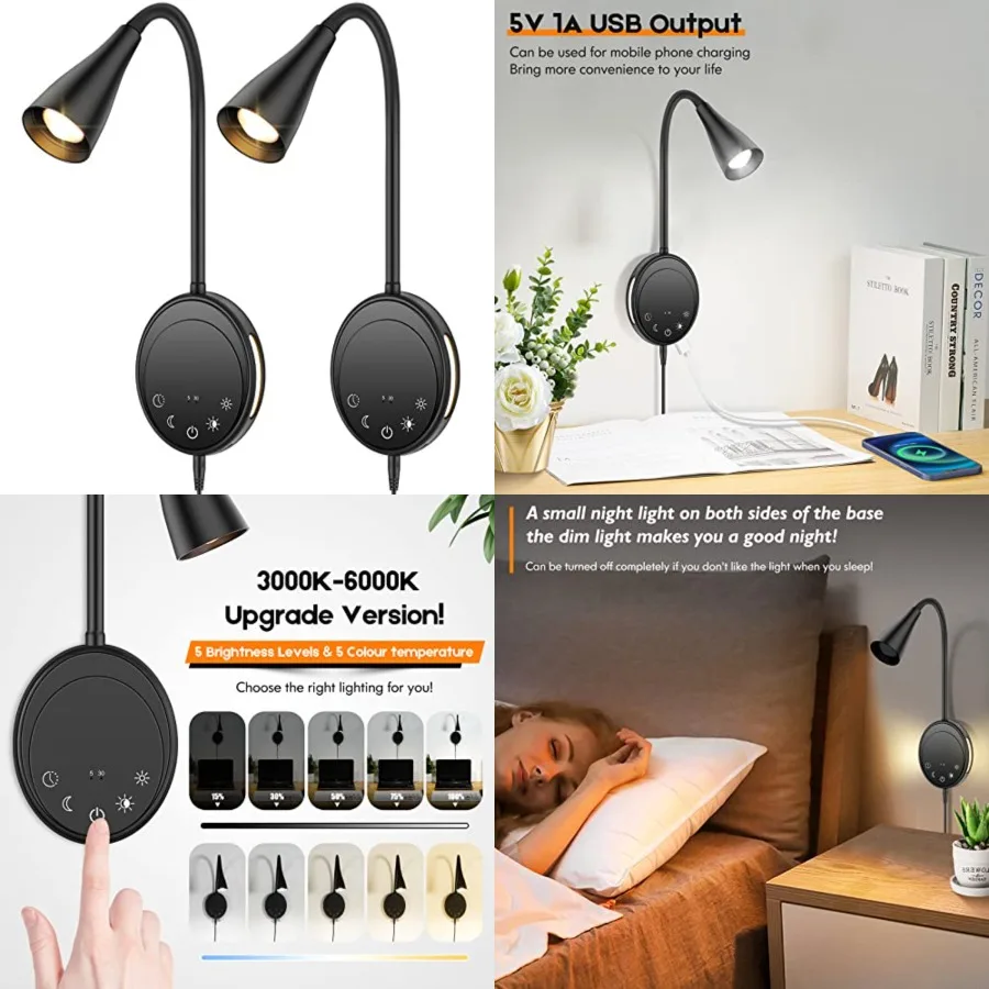 

LED Wall Mount Reading Light, Bedside Reading Lights with Touch Control, 5 Dimmable, USB Output, Night Light and Timers, Flexib
