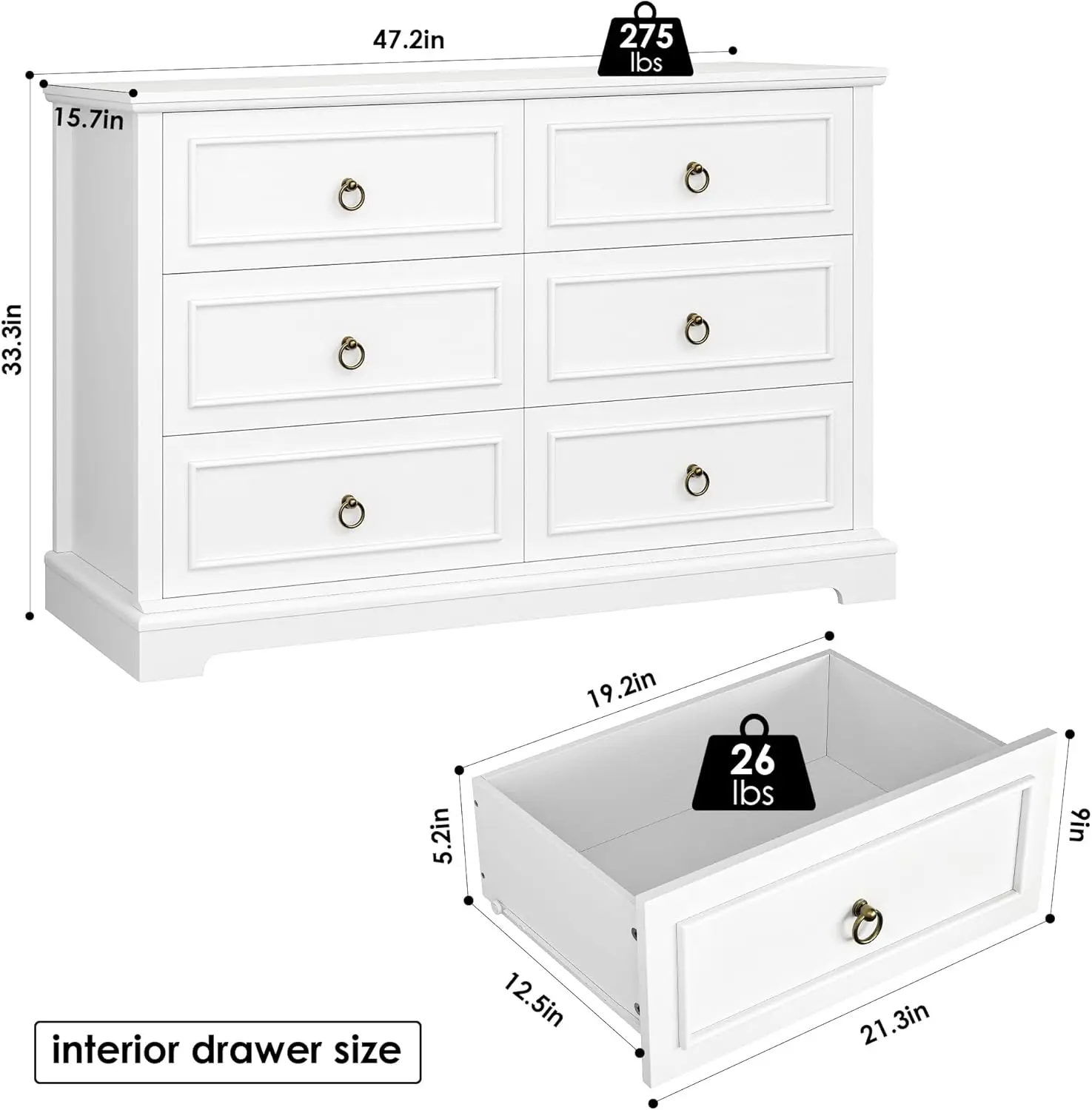 Dresser for Bedroom with 6 Drawers, White Chest of Drawers, Wide Wood Double Dressers, Modern Farmhouse Storage Dresser