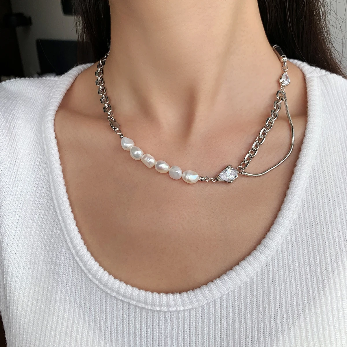 Brass With White Gold Real Pearl Zircon Layered Chain Necklaces Women Jewelry Punk Party T Show Designer Club Ins Japan Korean