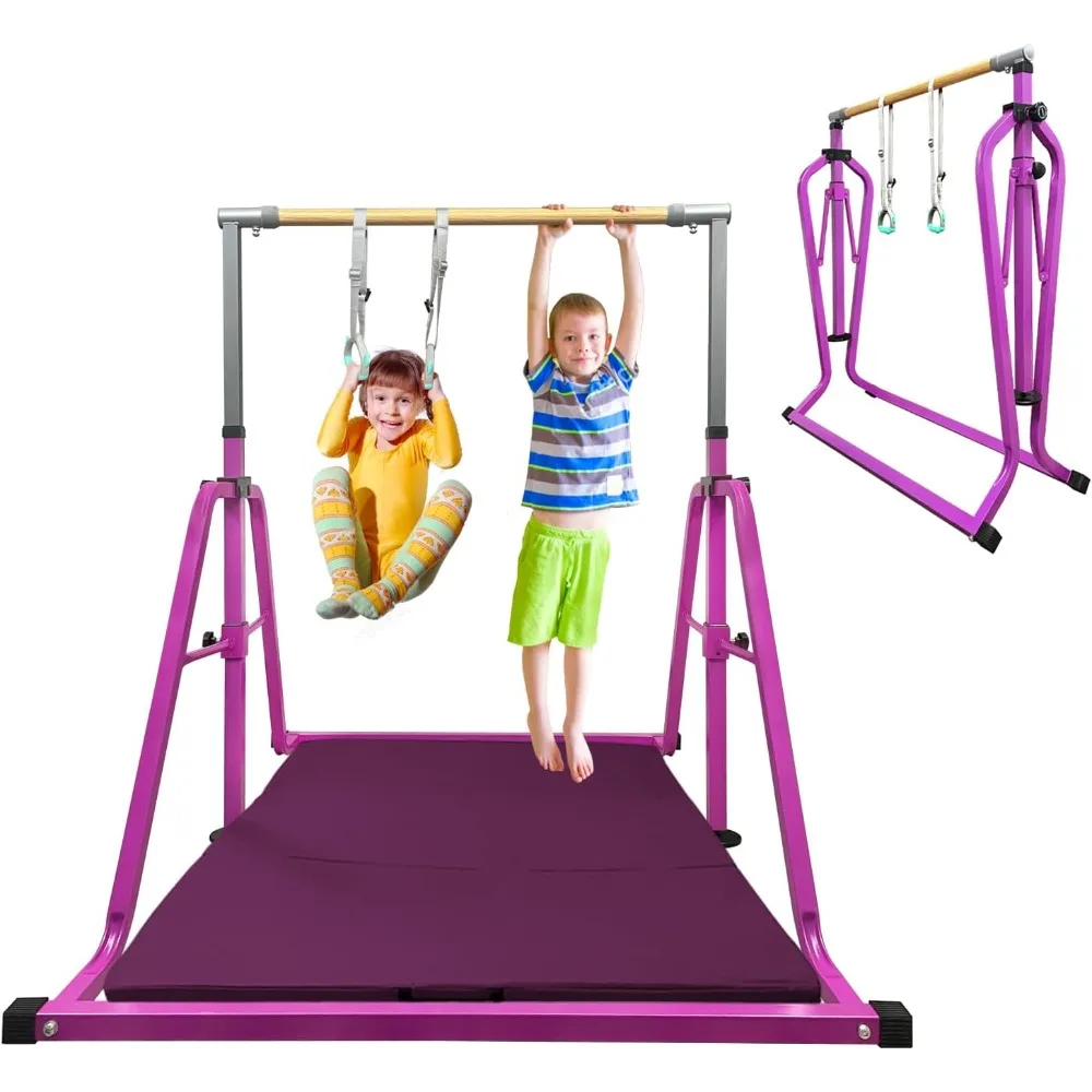 

Gymnastics Bar for Kids with Rings Set, 7 Heights Adjustable Easy Folding Gymnastic Training Bar Kids- Max Load 300LBS