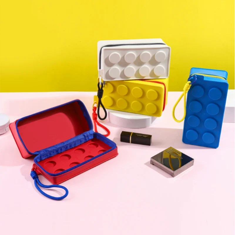 Building Block Shape Cosmetic Bag Colorful Zipper Toiletry Organizer Handbag with Lanyard for Makeup Pens and Small Item Storage
