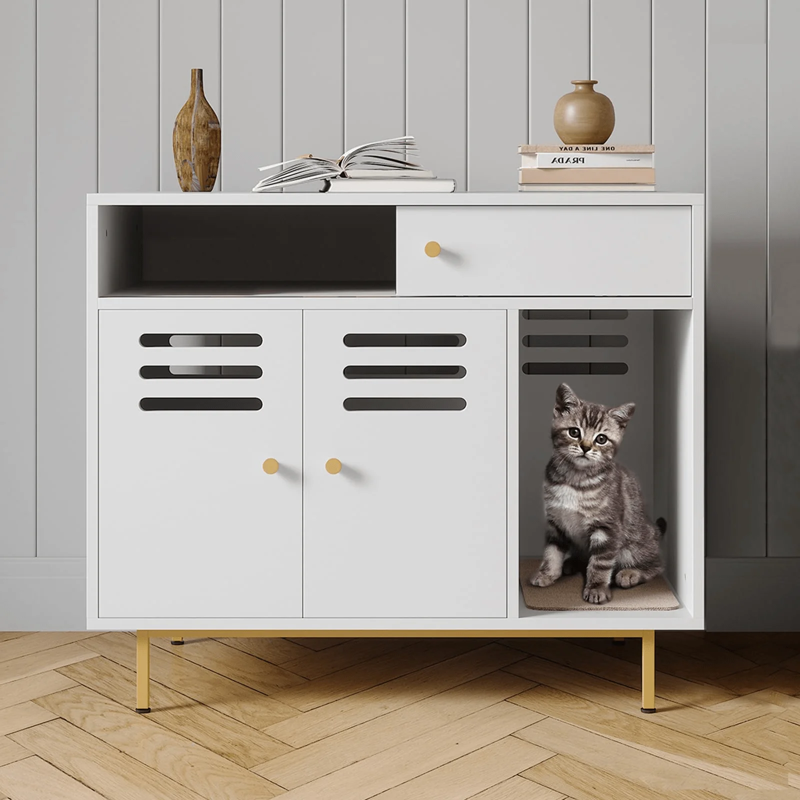 

Мебельный кошачий туалет Garveehome с полкой для хранения, скрытый лоток для кошек с металлическими ножками и вентилируемой панелью, для использования в помещении