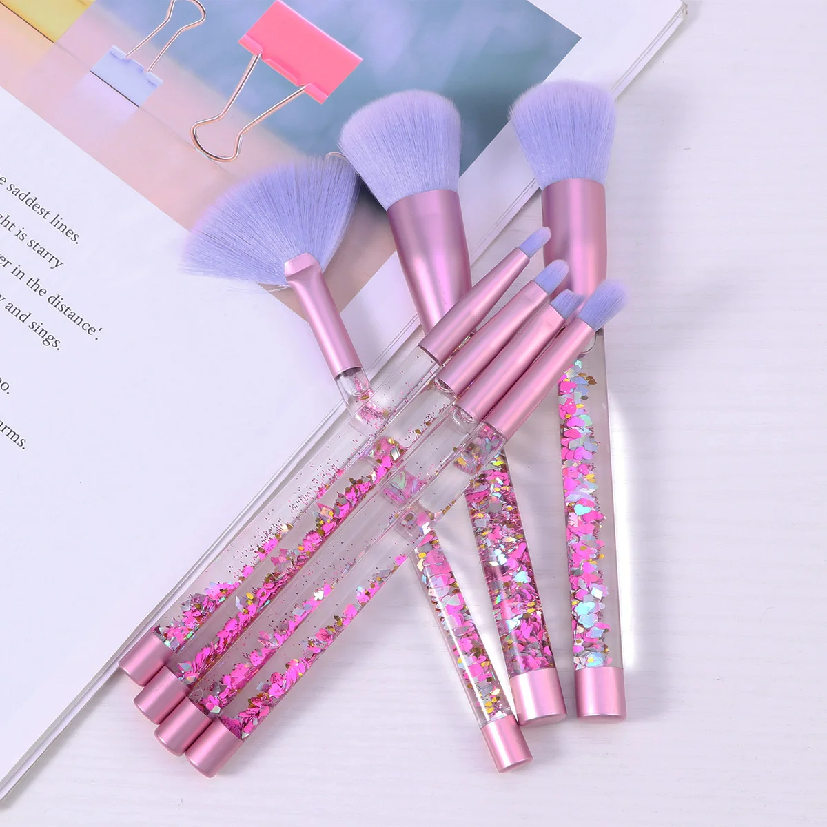 7개 메이크업 브러쉬 세트 투명 크리스탈 라인스톤 핸들 부드러운 섬유모 메이크업 브러쉬 키트 여성용