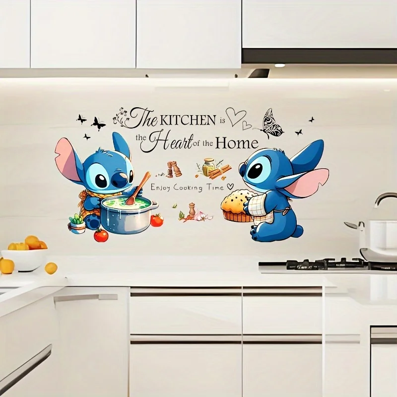 1 ملصق حائط ذو طابع ممتع، شخصية غرزة لطيفة، محاطة بمكونات مثل الطماطم والتوابل - مناسب للزجاج والجدران والثلاجات والمرايا وديكور الغرفة، وتصميم ممتع، وخيار هدايا المتسوقين في العطلات