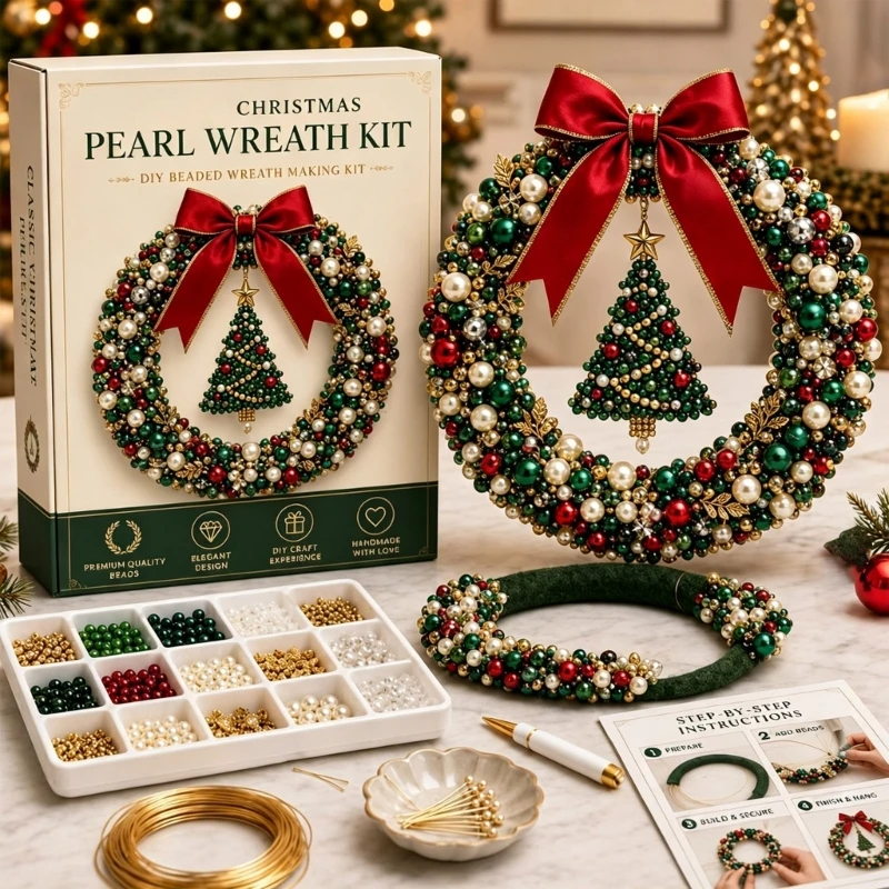 DIY Christmas Wreath Making Set, Threading Craft with Beads, Weaving Cord, Hanging Cord, and Illustrated Instructions D2RD