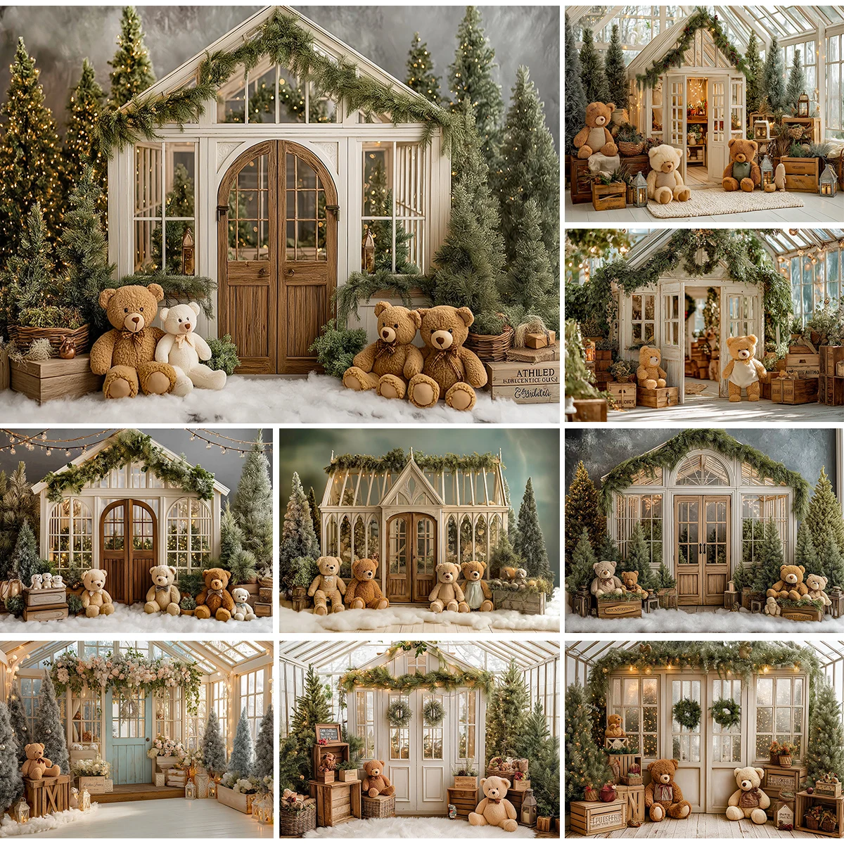 White House With Christmas Tree and Little Bear Photography Backdrop Kids Baby Cake Smash Photocall Studio Backgrounds
