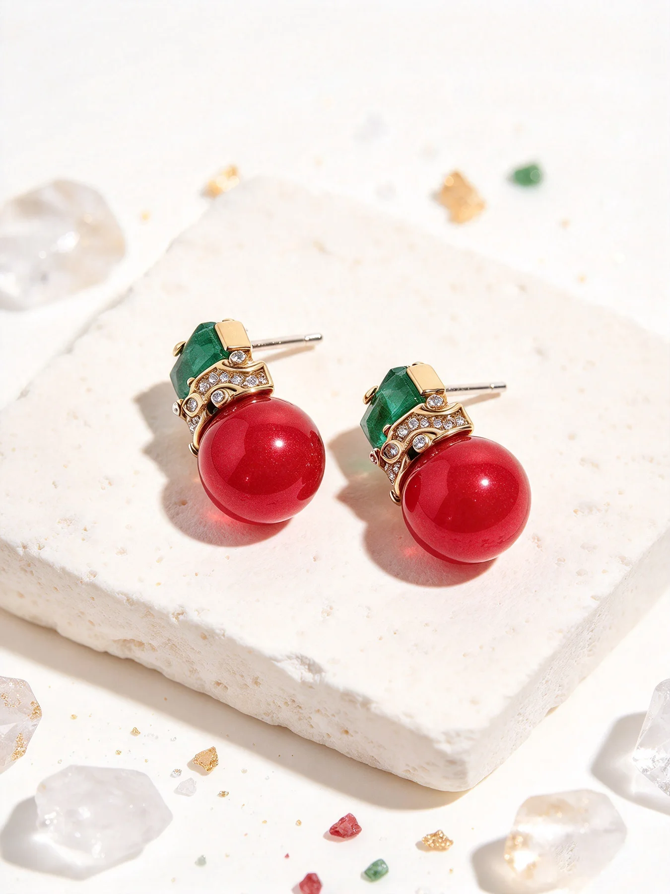 Vintage Color Contrast Round Bead Drop Stud Earrings, Red Green Gems With Rhinestone Metal Texture Jewelry